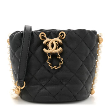 CHANEL Calfskin Quilted Pearl Mini About Pearls Drawstring Bucket Bag Black