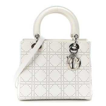 CHRISTIAN DIOR Lambskin Studded Cannage Medium Lady Dior White