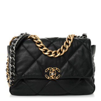 CHANEL Shiny Goatskin Quilted Large Chanel 19 Flap Black