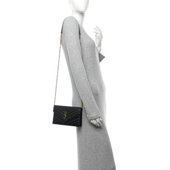 SAINT LAURENT Grain De Poudre Matelasse Chevron Monogram Envelope Chain Wallet Black