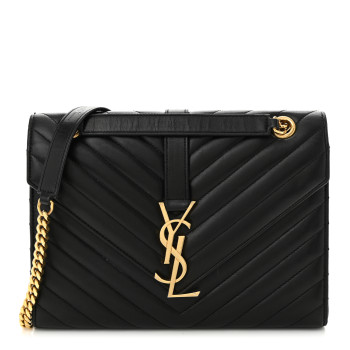 SAINT LAURENT Lambskin Matelasse Chevron Medium Monogram Satchel Black