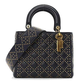 CHRISTIAN DIOR Calfskin Cannage Studded Medium Supple Lady Dior Navy