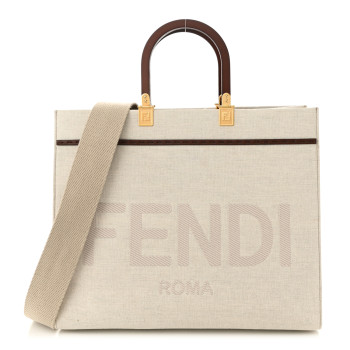 FENDI Canvas Vitello King Logo Embroidered Medium Fendi Sunshine Shopper Tote Grezzo Ghianda