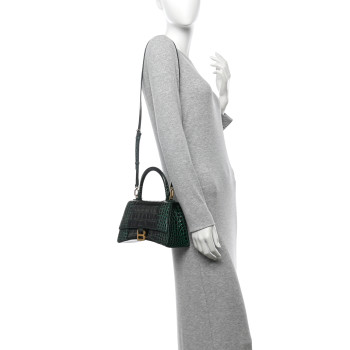 BALENCIAGA Shiny Calfskin Crocodile Embossed Small Hourglass Top Handle Bag Forest Green