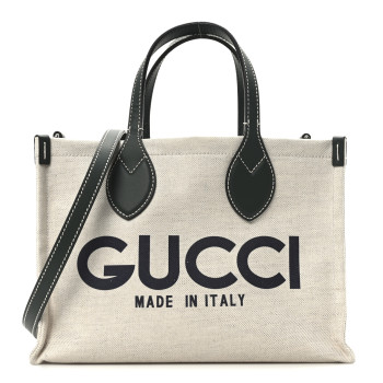 GUCCI Canvas Calfskin Logo Print Medium Tote Bag Green