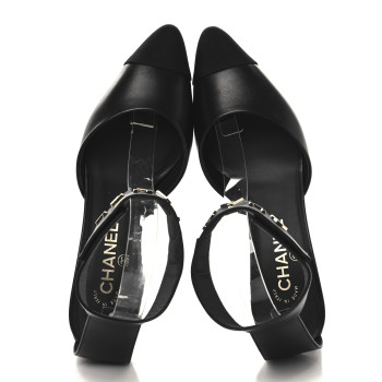 CHANEL Lambskin Grosgrain Cap Toe Logo Ankle Strap Pumps 39 Black