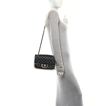 CHANEL Lambskin Shearling Large CC Flap Bag Black White