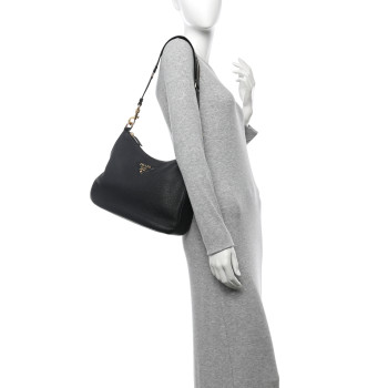 PRADA Vitello Daino Soft Zippered Messenger Hobo Black