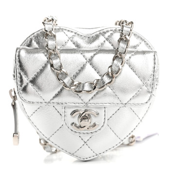 CHANEL Metallic Lambskin Quilted CC In Love Heart Waist Belt Bag With Chain Silver