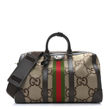GUCCI Monogram Jumbo GG Textured Dollar Calfskin Web Large Duffle Bag Camel Ebony