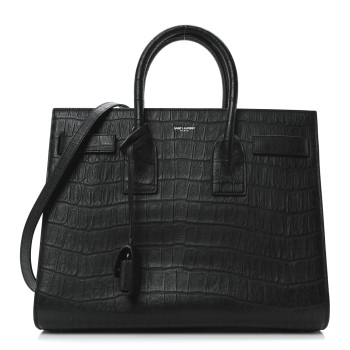 SAINT LAURENT Calfskin Crocodile Embossed Small Supple Sac de Jour Black