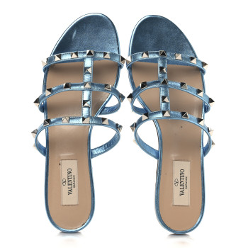 VALENTINO GARAVANI Metallic Nappa Rockstud Caged Flat Slide Sandals 37 Cerulean