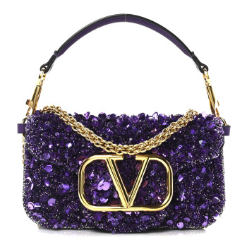 VALENTINO GARAVANI Sequin Crystal Vlogo Embroidered Small Loco Shoulder Bag Astral Purple