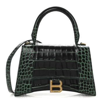 BALENCIAGA Shiny Calfskin Crocodile Embossed Small Hourglass Top Handle Bag Forest Green