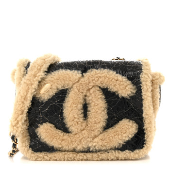 CHANEL Shiny Crumpled Sheepskin Shearling CC Mania Flap Bag Black Beige