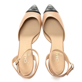CHANEL Goatskin Grosgrain Cap Toe CC Slingback Pumps 39 Beige Black
