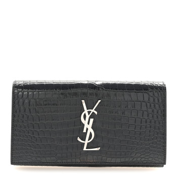 SAINT LAURENT Calfskin Crocodile Embossed Classic Monogram Cassandre Wallet Black