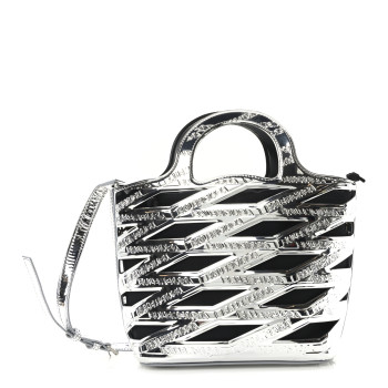 BALENCIAGA Patent Metallic Calfskin Small Neo Basket Tote Silver