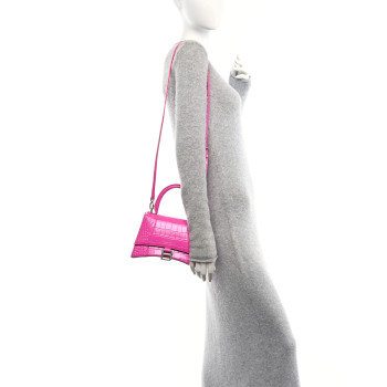 BALENCIAGA Shiny Calfskin Crocodile Embossed Small Hourglass Top Handle Bag Fuchsia