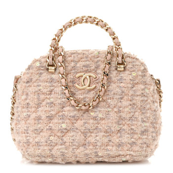 CHANEL Cotton Wool Tweed Sequin Quilted Shiny Coco Clutch With Chain Light Pink Beige Ecru