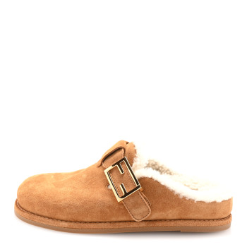FENDI Suede Shearling Fendi Feel Buckled Clogs 36.5 Caramel Latte