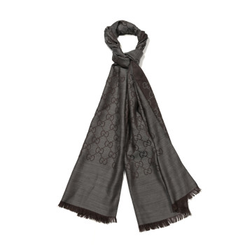 GUCCI Wool Silk GG Monogram GGNat Scarf Dark Brown