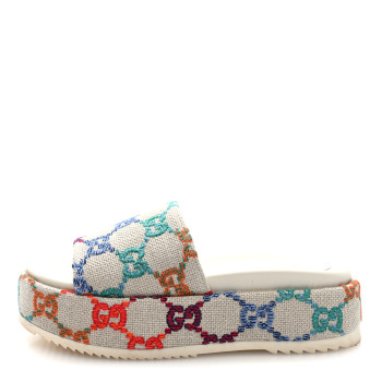 GUCCI Linen Psychedelic Mini GG Monogram Angelina Platform 55mm Slide Sandals 38 Multicolor