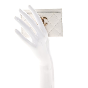 CHANEL Caviar Metal Quilted Striated CC Card Holder White