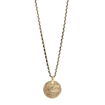 CHANEL Lambskin Crystal CC Round Pendant Chain Necklace Gold Black