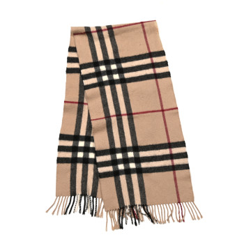 BURBERRY Cashmere Classic Check Fringe Scarf Camel