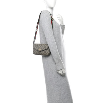 GUCCI GG Supreme Monogram Textured Dollar Calfskin Web Mini Ophidia Envelope Shoulder Bag Beige Ebony