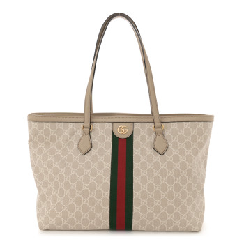 GUCCI GG Supreme Monogram Textured Dollar Calfskin Web Medium Ophidia Shopping Tote Beige Mystic White Oatmeal