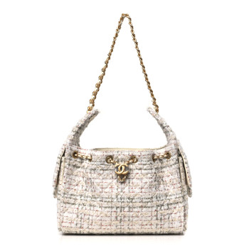 CHANEL Tweed Quilted Small Chanel 25 Handbag Ecru Khaki Gold Red