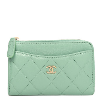 CHANEL Caviar Quilted CC Zip Around Card Holder Light Green