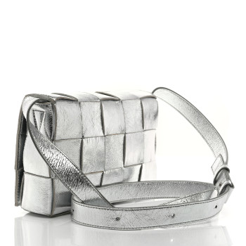 BOTTEGA VENETA Metallic Lambskin Maxi Intrecciato Cassette Crossbody Bag Silver