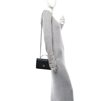 CHANEL Lambskin Quilted Metal Top Handle Crossbody Flap Black