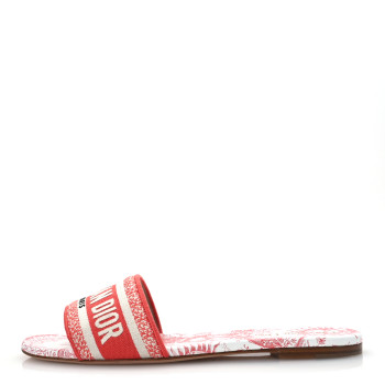 CHRISTIAN DIOR Canvas Soleil Embroidered Dway Flat Slide Sandals 41 Coral