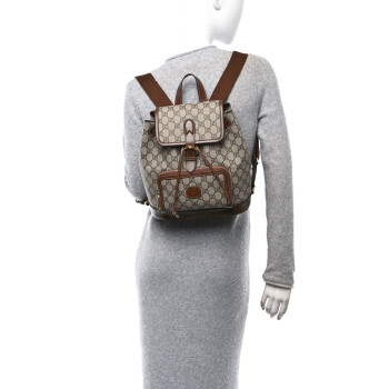 GUCCI GG Supreme Monogram Azalea Calfskin Retro Interlocking G Buckle Backpack Beige Ebony Brown Sugar