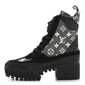 LOUIS VUITTON Calfskin Monogram Denim Laureate Platform Desert Boots 38 Grey