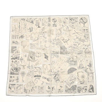 HERMES Silk Le Philateliste Du Faubourg Scarf 90 Gris Parchemin White