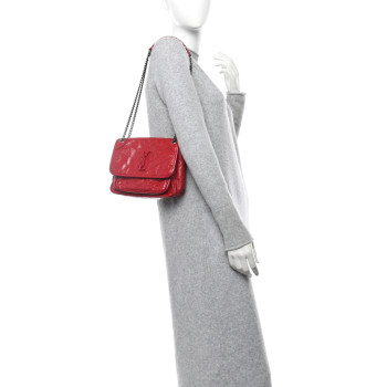 SAINT LAURENT Crinkled Calfskin Matelasse Monogram Baby Niki Chain Satchel Rouge Eros