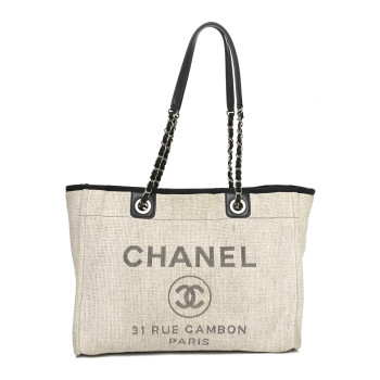CHANEL Woven Straw Raffia Small Deauville Tote Grey