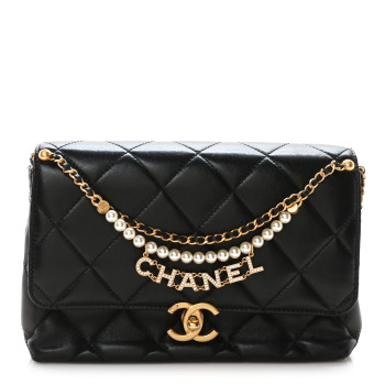 CHANEL Shiny Lambskin Quilted Mini Pearl Logo Flap Black