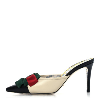 GUCCI Malaga Kid Web Bow Mid Heel Mules 36.5 Black Vintage White