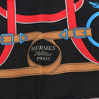 HERMES Silk Eperon D'Or Pocket Square Scarf Black Bleu Vif Rouge