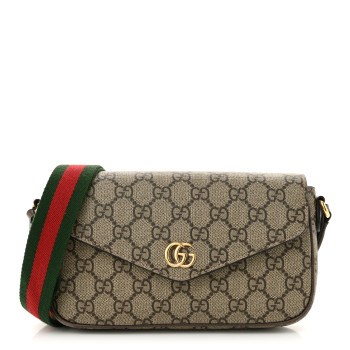 GUCCI GG Supreme Monogram Textured Dollar Calfskin Web Mini Ophidia Envelope Shoulder Bag Beige Ebony
