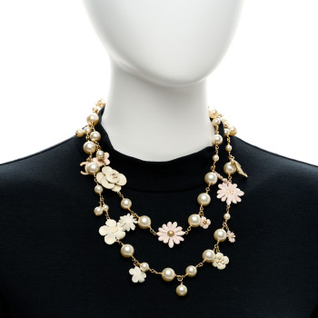 CHANEL Pearl Enamel CC Camellia Necklace White Gold