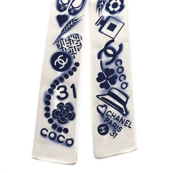 CHANEL Silk CC Slim Bandeau Scarf White Blue