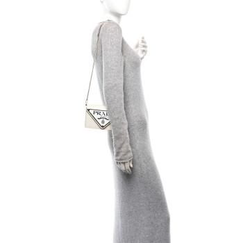 PRADA Spazzolato Triangle Logo Plate Flap Chain Crossbody Bag White