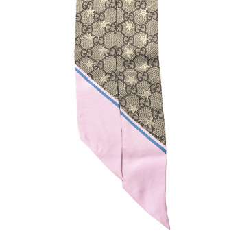 GUCCI Silk Twill GG Monogram GG Bee Neck Bow Scarf Roseate Sky Blue